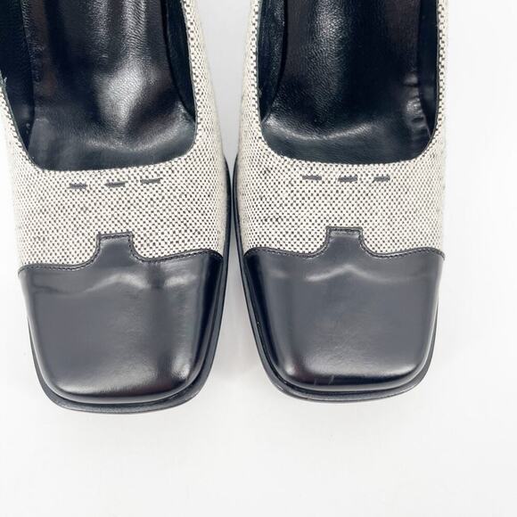 Prada Vintage 90s Black Leather Trim Gray Fabric Square Toe Block Heels IT 38 - Picture 6 of 10